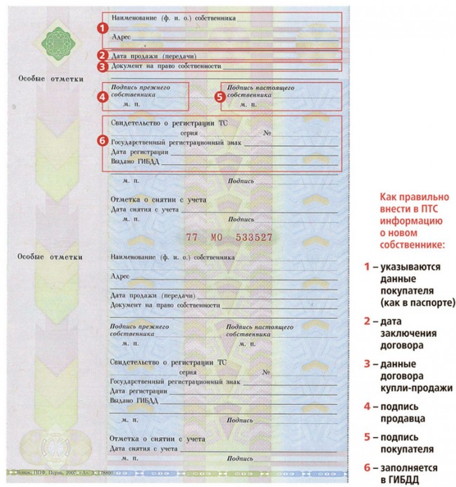Пример заполнения ПТС
